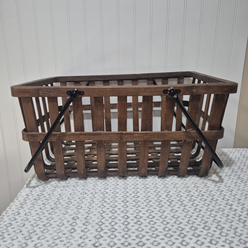 Wooden Slat Basket with Black Metal Swing Handles Sturdy Farmhouse Decor